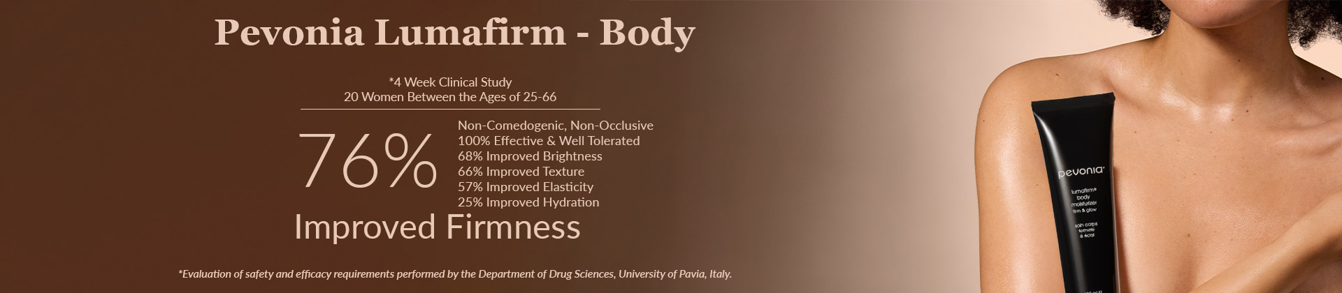 Banner detailing efficacy statistics for Pevonia's Lumafirm Body products.