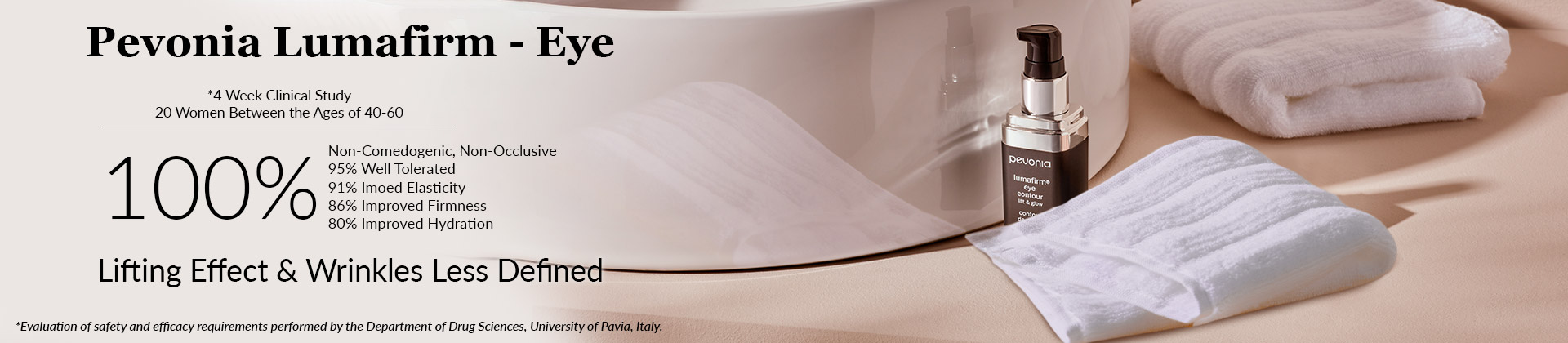 Banner detailing efficacy statistics for Pevonia's Lumafirm Eye product.