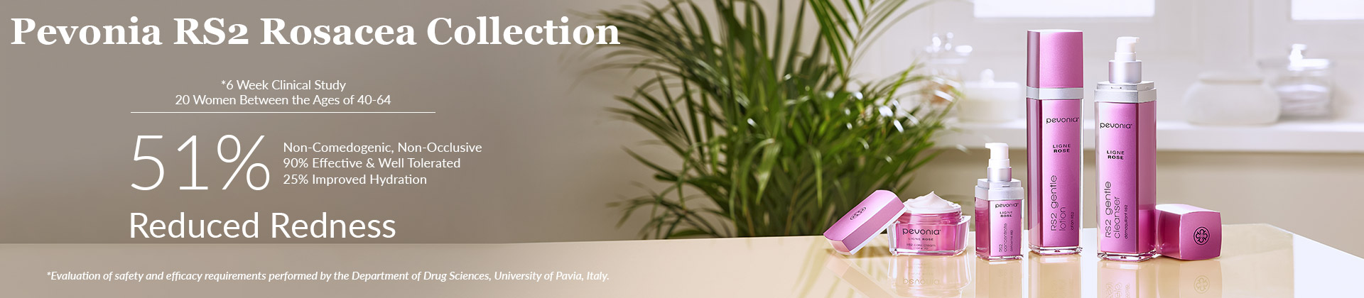 Banner describing efficacy statistics for Pevonia's RS2 Line.